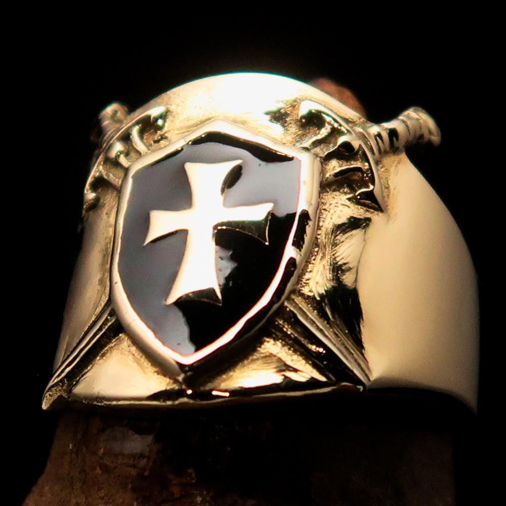 Crossed Swords Men's Knights Templar black Cross Ring made of solid brass with a high polished finish and black enamel detailing.